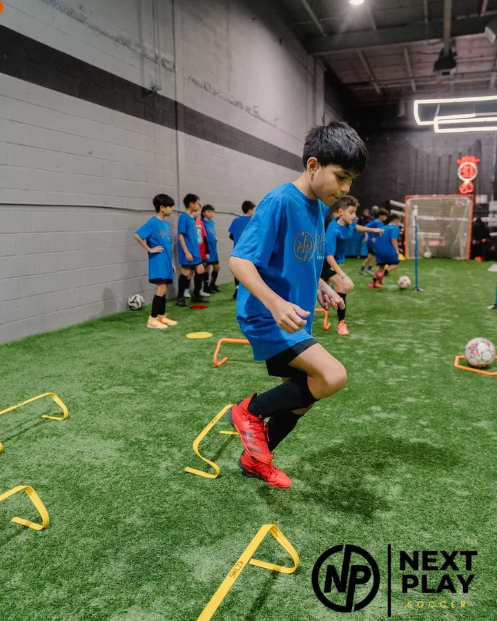 Youth soccer training session focused on dribbling and ball control at Next Play Soccer in Long Island